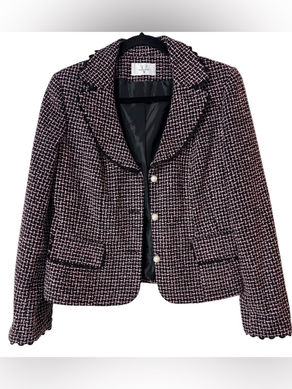 Pink Black Tweed Blazer Pearl Button Scalloped Trim Jacket Versailles